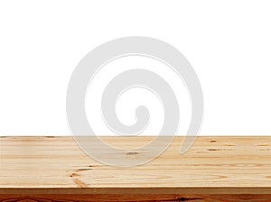 Empty wooden table top isolated on white background, used for display or montage your products photo