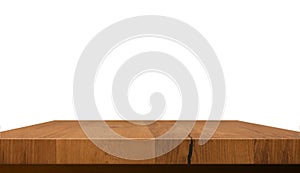 Empty wooden table top isolated on white background, used for display or montage your products photo