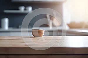 Empty wooden table top with kitchen room blurred background. Template for product presentation display