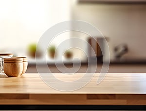 Empty wooden table top with kitchen room blurred background. Template for product presentation display