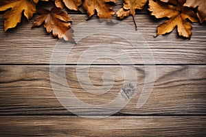 Empty wooden table top with leaf and bokeh on blur background An empty wooden counter table top for product display Ai generated