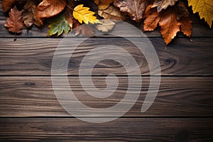 Empty wooden table top with leaf and bokeh on blur background An empty wooden counter table top for product display Ai generated