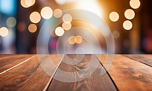 Empty wooden table top with lights bokeh on blur restaurant background. wooden table for product placement or montage with focus