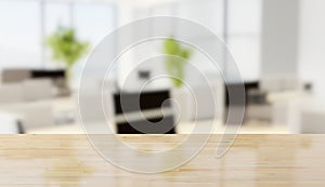 Empty wooden table top with out of focus bright modern office background with chairs and desks, object or infographic background
