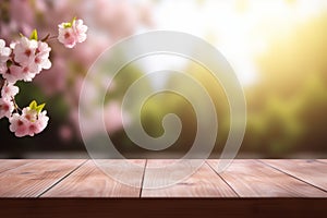 An empty wooden table top overlooking a blooming spring garden