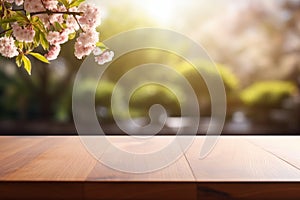 An empty wooden table top overlooking a blooming spring garden