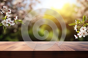 An empty wooden table top overlooking a blooming spring garden