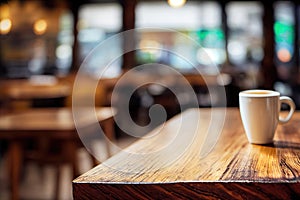 Empty wooden table top for product placement or montage with focus to the table top, blurred coffee shop or cafe