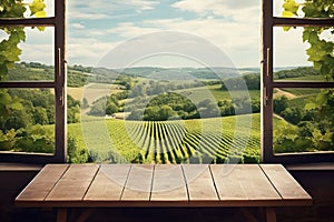 Empty wooden table top, vineyard view out of open window