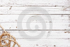 Empty wooden table of traveller with rope, top view