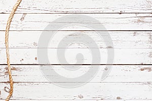 Empty wooden table of traveller with rope, top view