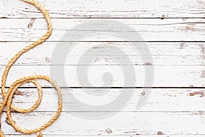 Empty wooden table of traveller with rope, top view