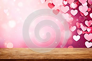 Empty wooden table and Valentine\'s day hearts with copy space