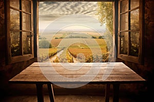 Empty wooden table. Vineyard view out of open window. Generative AI