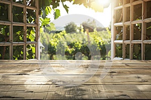 Empty wooden table and vineyard view out of open window. Generative AI