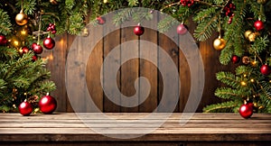 An empty wooden table waiting to be filled and in the background decorations that evoke the warmth and joy of Christmas