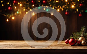 An empty wooden table waiting to be filled and in the background decorations that evoke the warmth and joy of Christmas