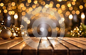 An empty wooden table waiting to be filled and in the background decorations that evoke the warmth and joy of Christmas