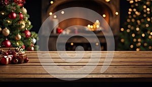 An empty wooden table waiting to be filled and in the background decorations that evoke the warmth and joy of Christmas