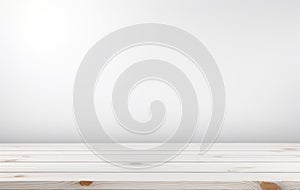 Empty wooden table and white wall background for product display montage.