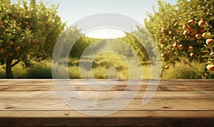 Empty wooden tabletop against apple orchard with ripe red fruits, generated by ai