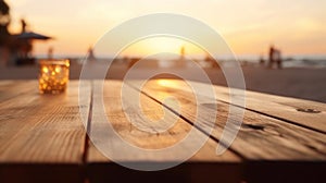 Empty wooden tabletop in a beachside cafe, beach sunset bokeh background. Generative AI