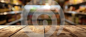 Empty Wooden Tabletop On A Shelf With Blurred Supermarket Backdrop