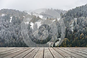 Empty wooden terrace with Austria national park view