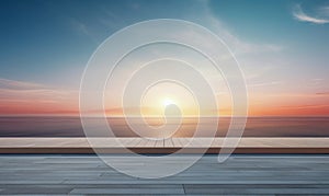 Empty wooden terrace floor with sea and sunset background. Perspective view.