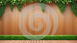 Empty wooden terrace with green nature concept wall