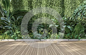 Empty wooden terrace with green wall 3d render