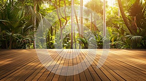 Empty wooden terrace with tropical style trees garden background, sunlight shine on the trees