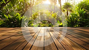 Empty wooden terrace with tropical trees garden background