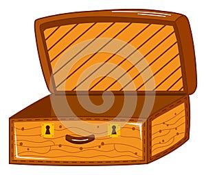 Empty wooden treasure chest open, cartoon style. Treasure box with golden locks and striped interior, no content