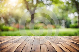 Empty wooden vintage table board on backyard garden bokeh background.