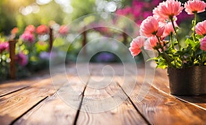 Empty wooden vintage table board on spring flower garden bokeh background.