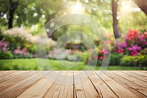 Empty wooden vintage table board on spring flower garden bokeh background.