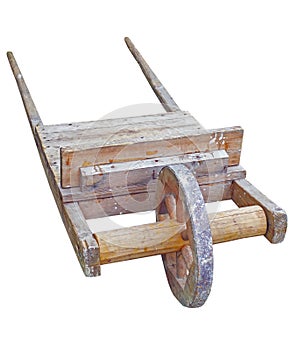Empty wooden wheelbarrow cart isolated over white
