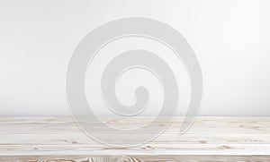 Empty wooden white table over white wall background, product display montage.