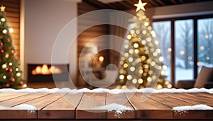 Empty woooden table top with abstract warm living room decor with christmas tree