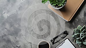 An empty working desk. Work related background image with plants.
