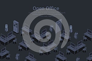 Empty workplaces with computers in Open Office Isometric Flat black monochrome vector concept