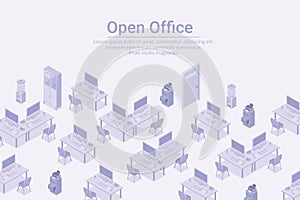 Empty workplaces with computers in Open Office Isometric Flat white monochrome vector concept