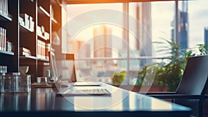 Empty workspace. Beautiful soft sunlight seeping inside through big windows.