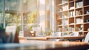 Empty workspace and office lit by the soft and warm sunlight