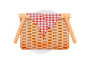 Empty woven basket with gingham picnic blanket. Hand wicker willow or bamboo hamper with handles isolated on white