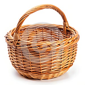 Empty Woven Wicker Basket with a Curved Handle on a White Background handmade craft
