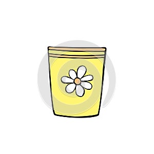 Empty yellow cup, flower pot for indoor plants and flowers. Hand drawn simple color vector clip art in doodle flat style