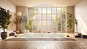 Empty yoga studio interior design, open space with mats, pillows and accessories, parquet, patio house, inner garden with tree and