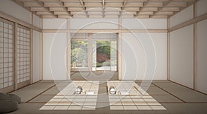 Empty yoga studio interior design, open space with mats, pillows and accessories, tatami, futon, wooden roof, window with zen